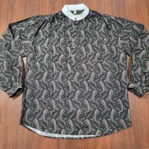 Wah Maker Frontier Wear Pullover Peasant Shirt Banded Collar Black Green Paisley